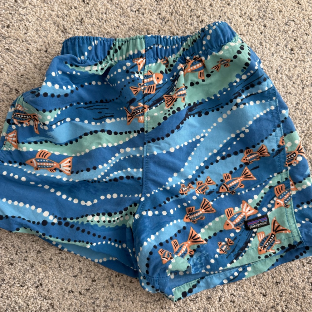 Patagonia Kids Swim Trunks - Blue and Green with Fish Print
